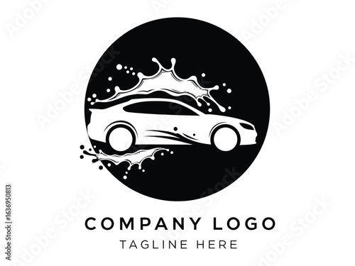 Car Wash Splash Logo: A sleek, minimalist logo design features a stylized car being splashed with water in dynamic form. Evoking a sense of cleanliness, care, and modern automotive service.