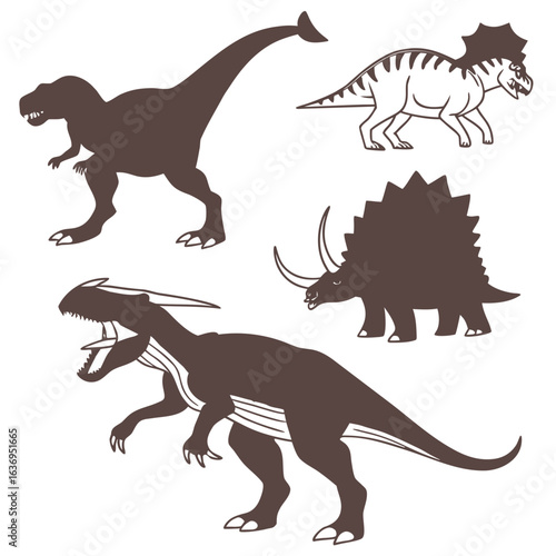 Silhouette illustration of four dinosaurs including t rex triceratops and spiky back dinosaur species on transparent background
