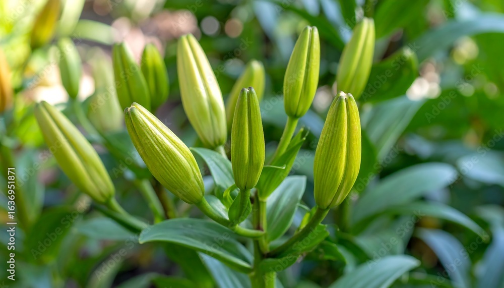 Fototapeta premium Close-up of many pale green lily buds