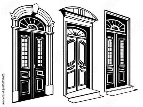 "Frontal silhouettes of four elegant black double doors, isolated on a white background. Each door showcases a distinct architectural style through ornate trim, varied paneling, arched frames, and cla