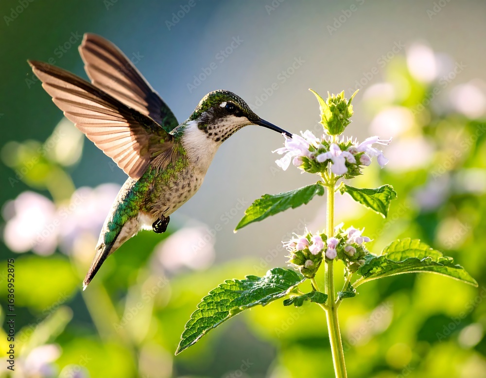 Fototapeta premium Hummingbird sips nectar from flower