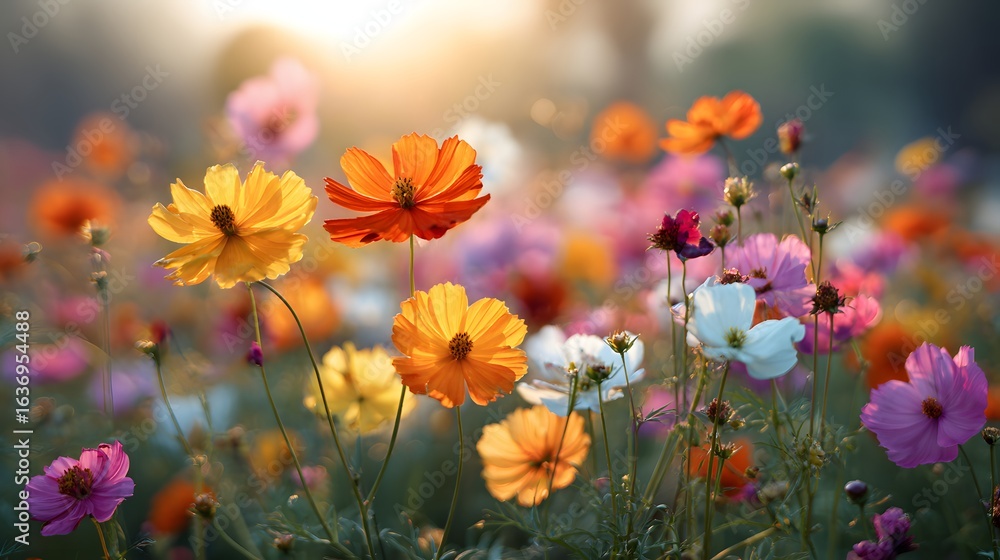Obraz premium Colorful cosmos flowers in a field bathed in sunlight.