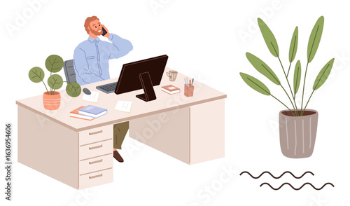 Man speaking on phone at office desk with computer, documents, coffee cup, and decorative potted plants. Ideal for communication, productivity, office work, remote work, business relaxation modern