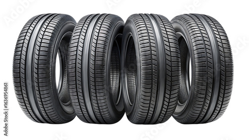 set of four black car tires - isolated on a white background as transparent PNG. GENERATIVE AI
