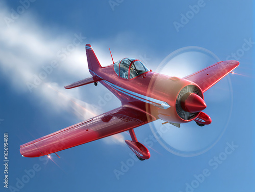 Red aircraft soaring through bright blue skies with dynamic clouds