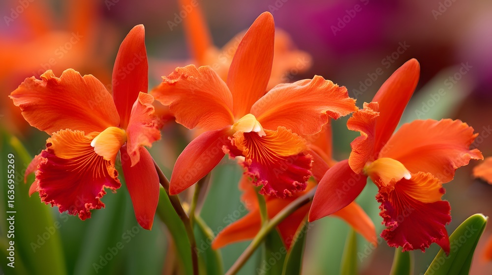 Fototapeta premium Close-up view of vibrant orange orchids.