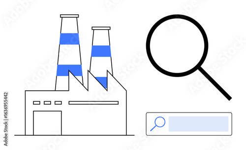 Factory with striped smokestacks paired with a magnifying glass and a search bar. Ideal for themes thumbs up industry, production, research, technology, innovation, data analysis, simple landing page