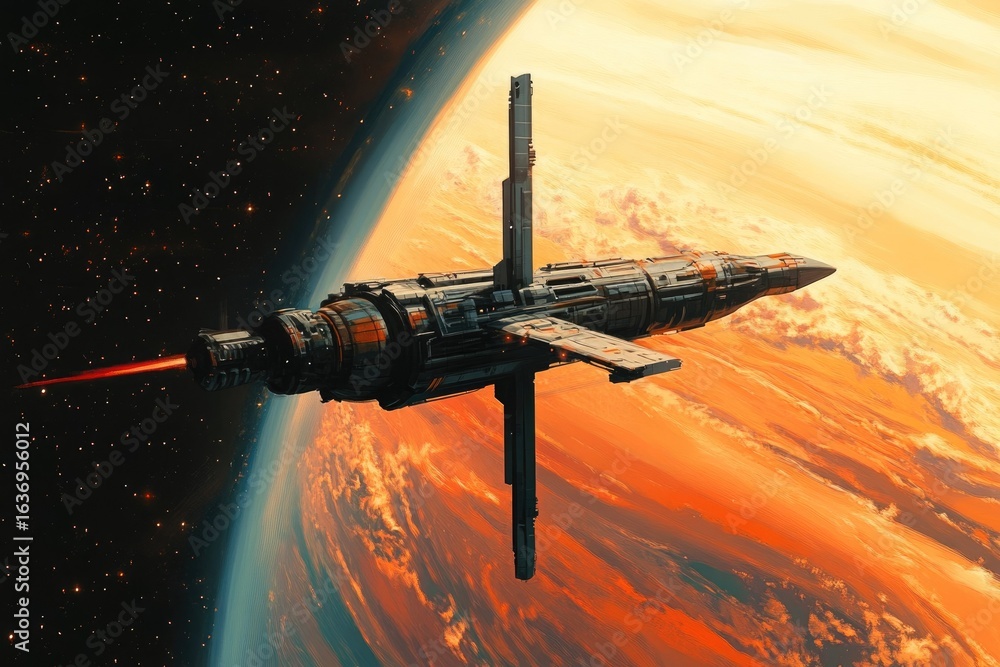Obraz premium A futuristic spacecraft, emitting a red laser, floats in the starry expanse above an orange-hued planet's swirling atmosphere.