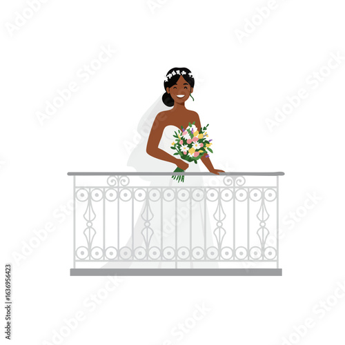 Vector illustration of bride on balcony on white background, wedding portrait