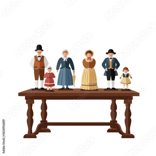 Vector illustration of miniature figures on table on white background, hobby display