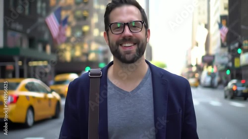 Cheerful young professional man with a beard and glasses walking down a bustling New York City street.