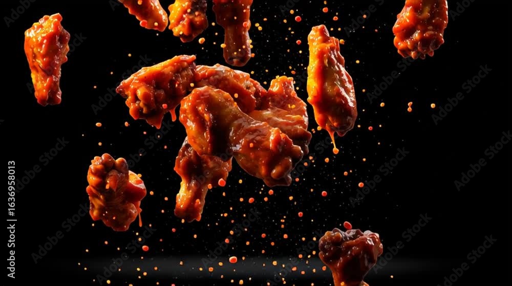 buffalo chicken wings are tossed in a bowl - isolated on black background - spicy hot wings fly in the air, saucy and delicious slow mo closeup