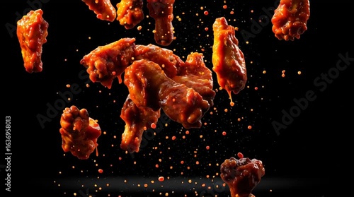 buffalo chicken wings are tossed in a bowl - isolated on black background - spicy hot wings fly in the air, saucy and delicious slow mo closeup