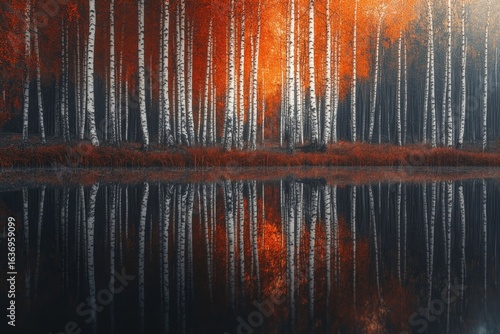 A serene landscape featuring birch trees reflected in a tranquil lake during autumn, showcasing vibrant foliage and peaceful ambiance.