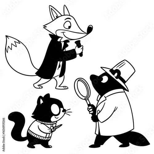 Detective animals vector art featuring a fox, raccoon, and skunk in detective outfits for cartoon design