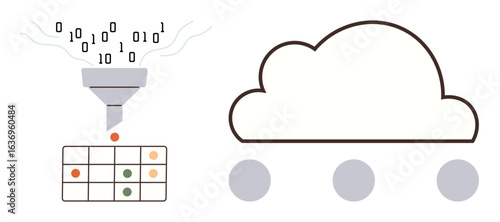 Binary data flows through a funnel into a table, representing data filtering and organization, alongside a cloud connected to dots. Ideal for data management, cloud computing, data analysis, machine