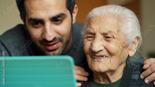 A caring grandson helps his smiling elderly grandmother use a digital tablet for a family video call at home