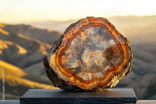 A cross-section of petrified wood, showcasing intricate layers and colors, set against a mountainous sunset backdrop.