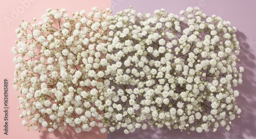 Baby's-breath flowers on split pink/lilac background, with cast shadows