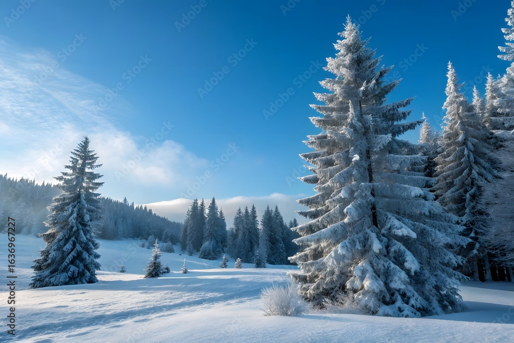 Obraz premium Snow covered evergreen trees in a winter landscape with bright blue sky