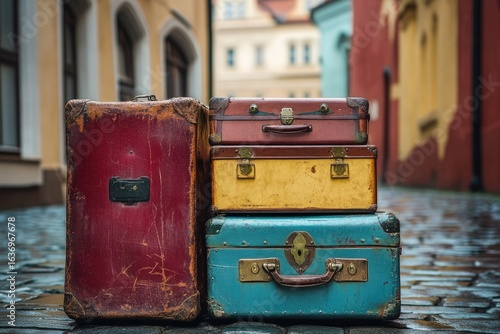 A stack of vintage suitcases of various sizes and colors on a cobblestone street, showcasing travel and nostalgia.