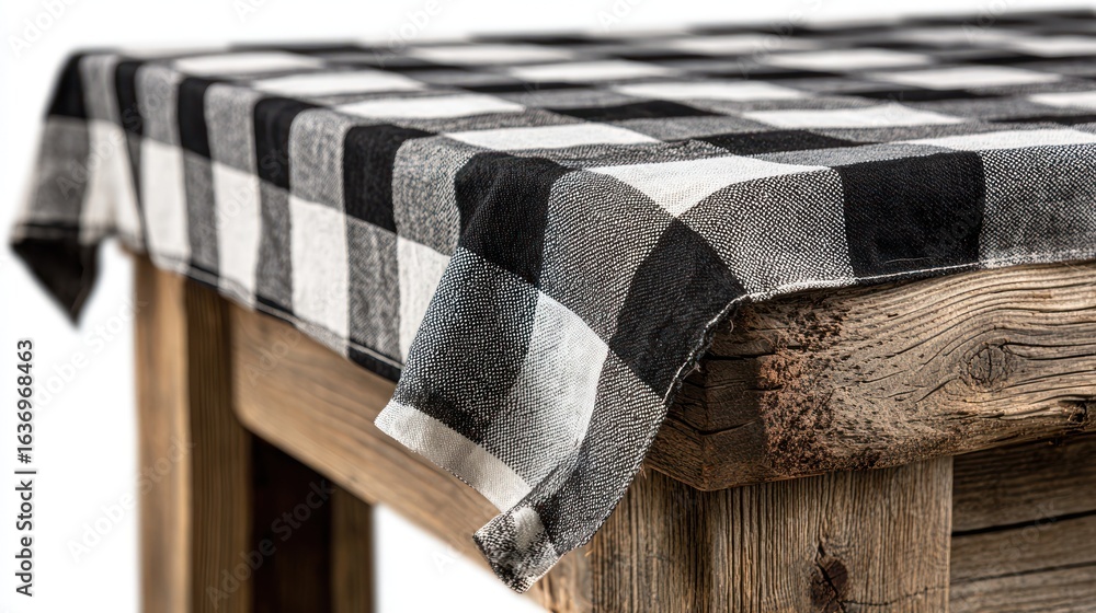 Fototapeta premium Checkered black and white tablecloth on a rustic wooden table corner