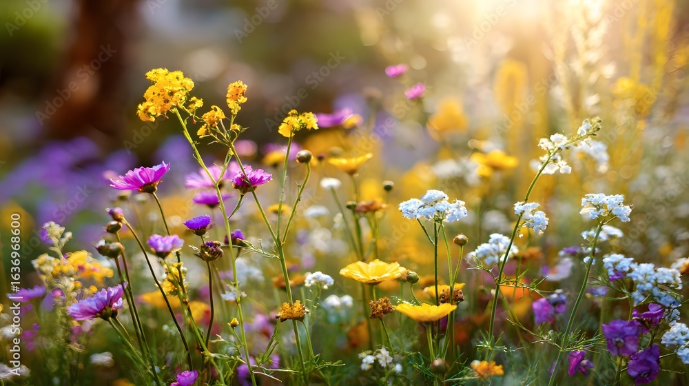 Fototapeta premium Vibrant wildflowers in a meadow bathed in sunlight.