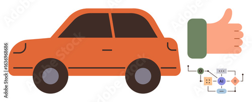 Orange car alongside a thumbs-up gesture and a simplified flowchart. Ideal for driving, vehicle innovation, artificial intelligence, approval processes, automation, smart driving, modern technology