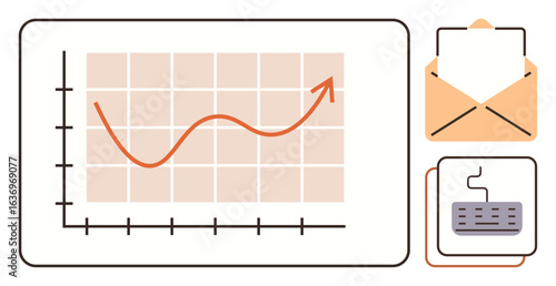 Graph with an upward trend line, envelope symbolizing messages, and a keyboard for online work. Ideal for growth, communication, analytics, strategy, productivity, collaboration digital tools
