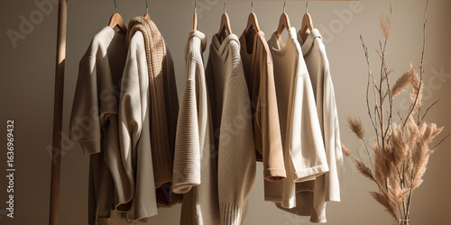Winter clothing hanging on a minimalist wooden rack, in beige, camel and cream tones, soft lighting, neutral background, luxury fashion aesthetic
