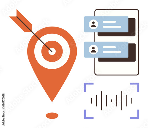 Geolocation pin with bullseye, chat bubbles on smartphone, and audio waveform. Ideal for navigation, communication, tech, messaging, AI voice recognition targeting. Simple flat metaphor