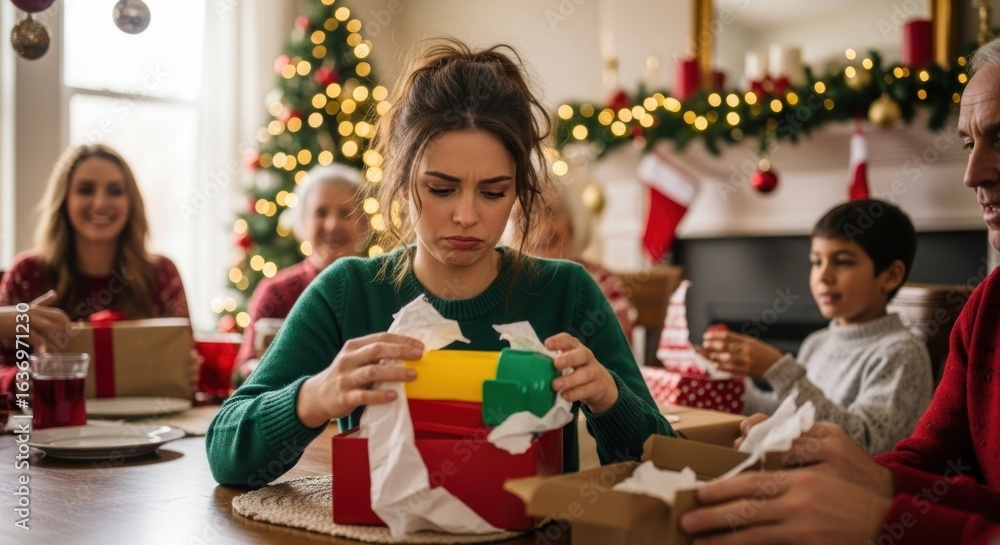 Obraz premium Teen girl frustrated, opening a gift, family gathering