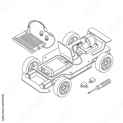 Detailed line art of a DIY electric race car project, showcasing its components and construction elements for educational or hobbyist projects, a modern, scalable design