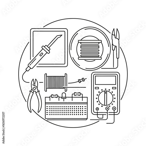 Electronics repair icon showing soldering iron, multimeter, wire spool, breadboard, diode, and pliers, perfect for illustrating DIY projects, electrical engineering, and maker culture