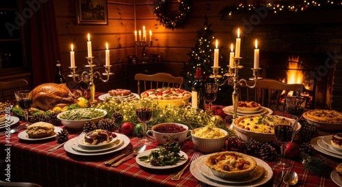 Festive holiday dinner scene with lit candles and a fireplace aglow
