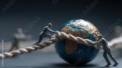 Businessmen struggle over a large ball of money on a rope in a dramatic representation of financial tension during a conceptual art display