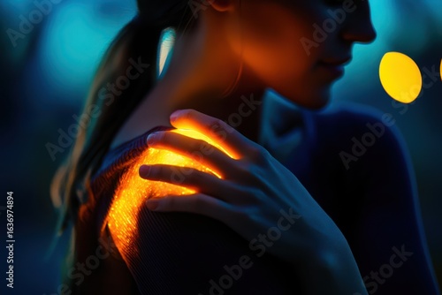 A woman gently rubbing her glowing shoulder, JPEG format, representing muscle care, self-soothing, or body positivity themes.