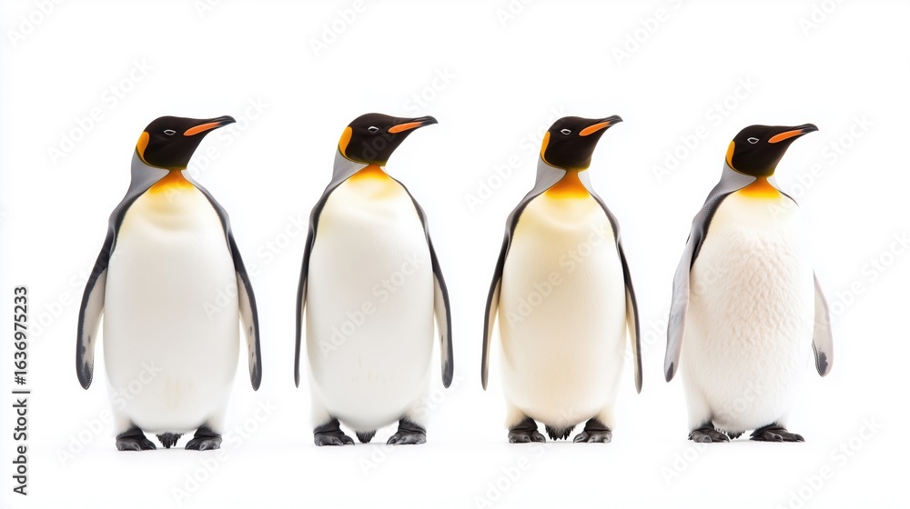 Fototapeta premium Group of four emperor penguins isolated on white.