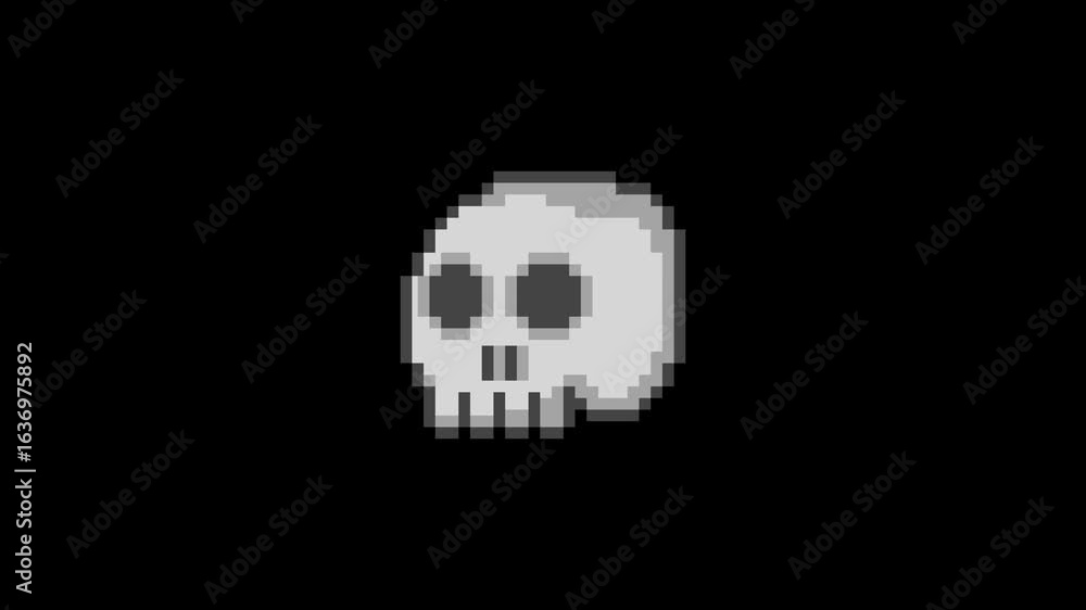 Animated pixel art skull rotating on a black background. A retro 8-bit ...