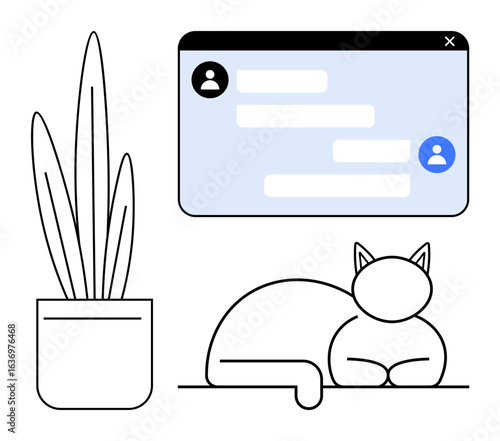 Messaging interface with speech bubbles, user profile icons, potted plant, and reclining cat. Ideal for remote work, communication, home office, relaxation, productivity minimalism simple landing