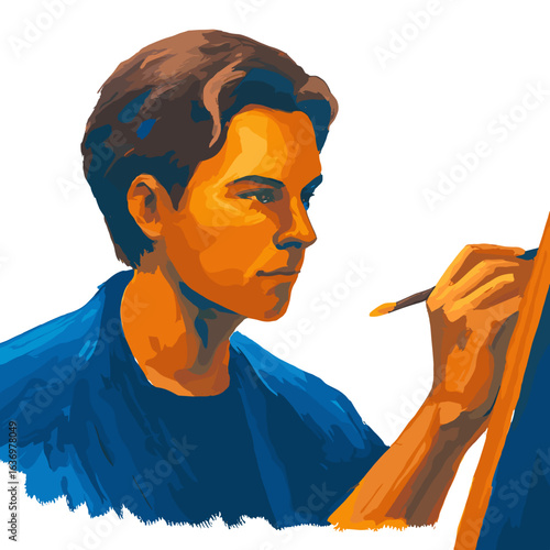 Young man painting on canvas with brush in artistic studio  
