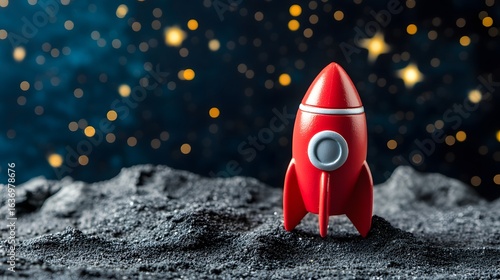 Red Rocket on Moon Surface with Starry Night Background