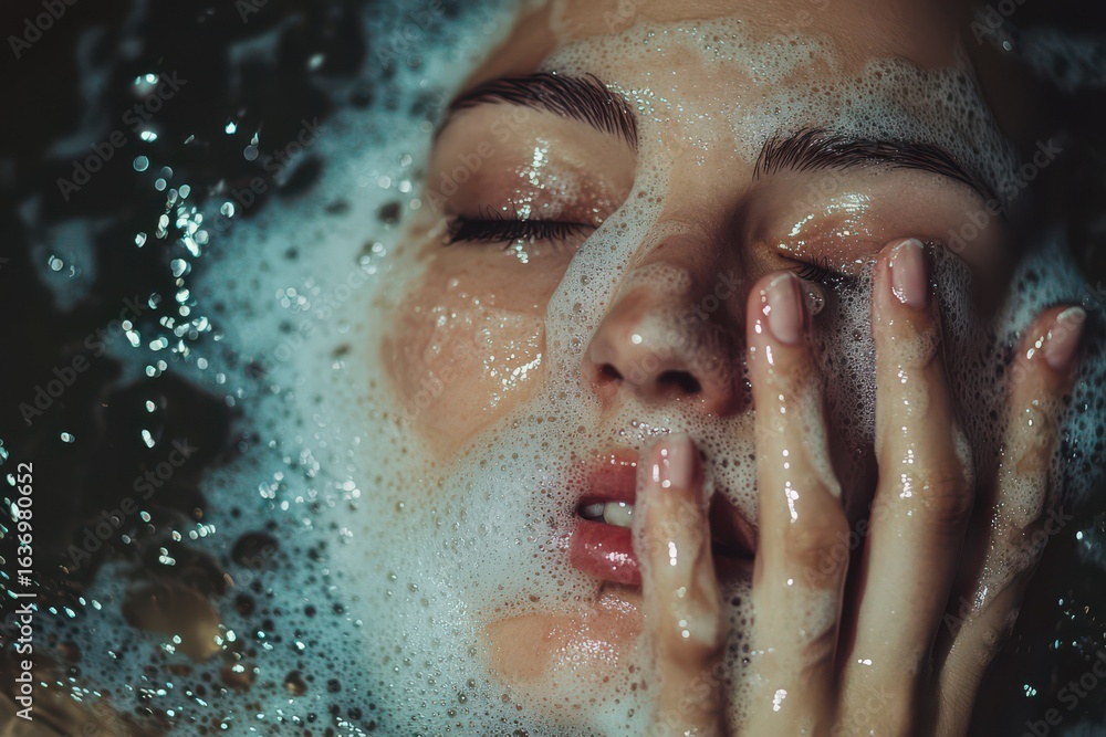 Obraz premium A woman washing her face with foam cleanser, her hands detailed in motion, ideal for beauty and self-care themes.