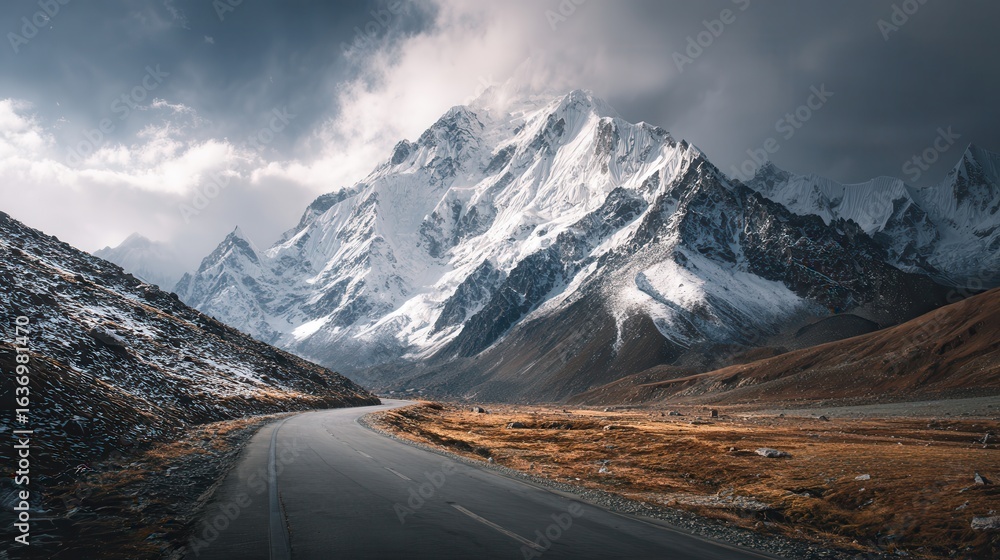 Fototapeta premium Winding road through snow-covered mountains at winter sunset showcasing nature's beauty and tranquility in remote areas