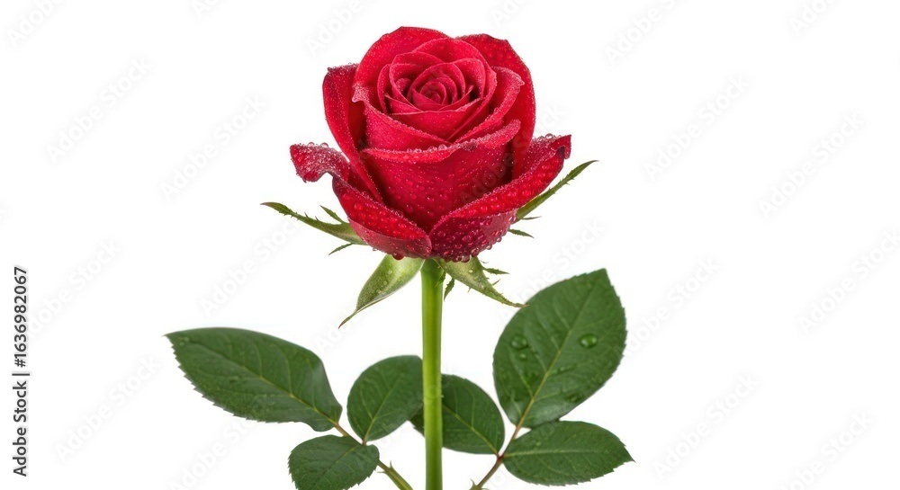Red rose, on stem, facing forward, with water droplets and green leaves Red rose, on stem, facing forward, with water droplets and green leaves