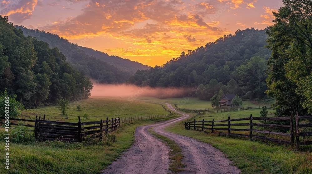 Obraz premium Rural road through valley at sunrise with mist and wooden fences