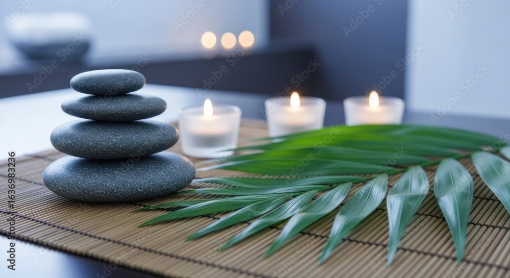 Obraz premium Serene spa setup stacked stones, candles, leaf on bamboo mat