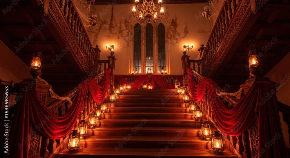 Obraz premium Spooky, ornate staircase decorated with candles and draped red fabric