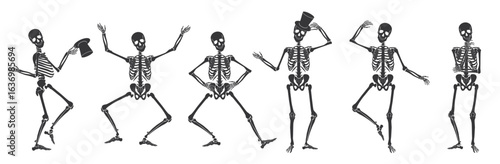 Dancing Human bones skeletons. Different skeleton poses set isolated vector illustration