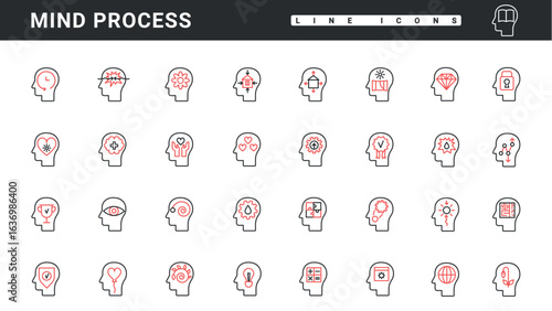 Mind processes in brain thin red and black line icons set vector illustration. Abstract symbols of imagination, self education and development of intellectual skills, empathy inside human head